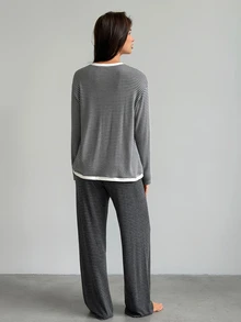 DAZY Women's Striped Round Neck Long Sleeve Top And Pants Casual Pajama Set - Grey - View 2