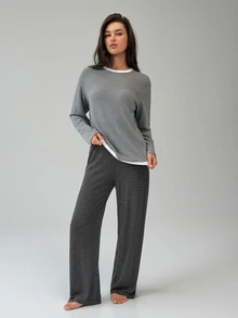 DAZY Women's Striped Round Neck Long Sleeve Top And Pants Casual Pajama Set - Grey - View 3