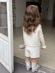DAZY Baby Girl Round Neck Sleeveless Korean Style Bow Decor Jacket And Shorts 2 Pieces Set - Apricot - View 2