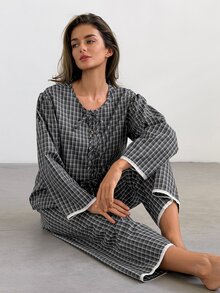 DAZY Women's Tie-Front Button Plaid Top And Lace Patchwork Long Pants Pajama Set - Grey - View 3
