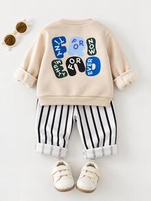 Baby Boy Cartoon Pattern Knit Soft Crew Neck Long Sleeve Pullover Sweatshirt & Elastic Waist Long Pants 2pcs Set - Apricot - View 3