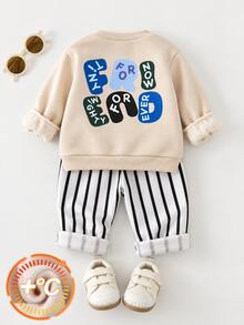 Baby Boy Cartoon Pattern Knit Soft Crew Neck Long Sleeve Pullover Sweatshirt & Elastic Waist Long Pants 2pcs Set - Apricot - View 7