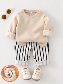 Baby Boy Cartoon Pattern Knit Soft Crew Neck Long Sleeve Pullover Sweatshirt & Elastic Waist Long Pants 2pcs Set - Apricot - View 2