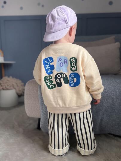 Baby Boy Cartoon Pattern Knit Soft Crew Neck Long Sleeve Pullover Sweatshirt & Elastic Waist Long Pants 2pcs Set