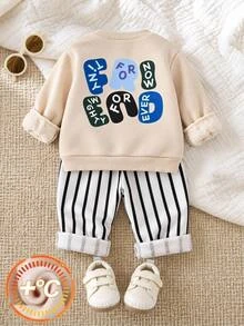 Baby Boy Cartoon Pattern Knit Soft Crew Neck Long Sleeve Pullover Sweatshirt & Elastic Waist Long Pants 2pcs Set - Apricot - View 4