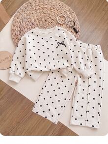 SHEIN 女童波點套裝 春/秋新款韓式蝴蝶結圓領衛衣寬腿褲 2件套嬰兒套裝 - 白色 - 查看 3