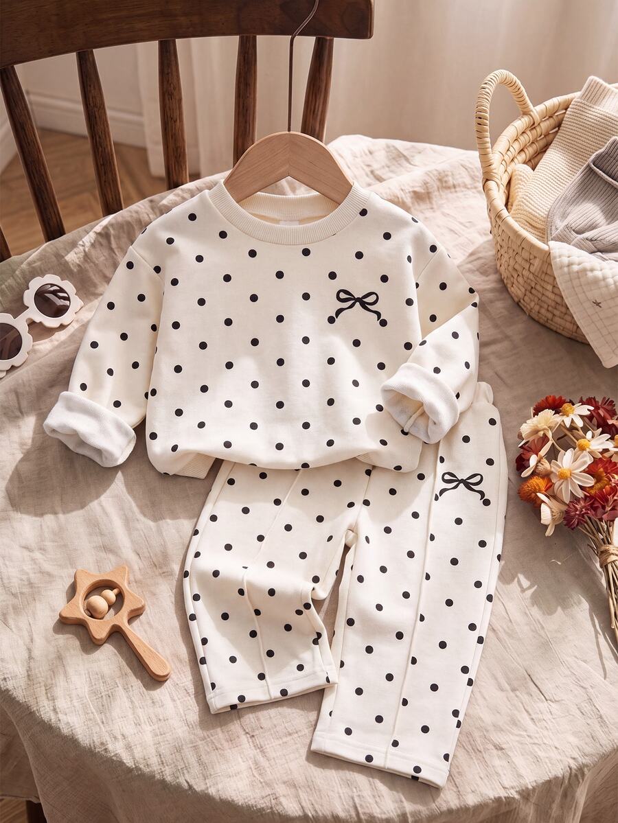 SHEIN 女童波點套裝 春/秋新款韓式蝴蝶結圓領衛衣寬腿褲 2件套嬰兒套裝 - 白色 - 查看 1