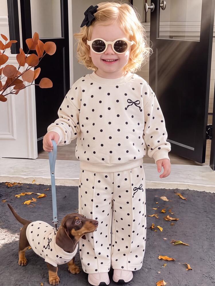 SHEIN Kids Girls Polka Dot Set Spring/Autumn New Korean Style Bowknot Round Neck Sweatshirt Wide Leg Pants 2 Pieces Outfit - White - View 10
