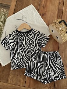 SHEIN LMoss Kids LMoss Baby Girl Casual Knitted Zebra Pattern Color Block Short Sleeve T-Shirt And Elastic Waist Shorts Set, Suitable For Summer - Black - View 2