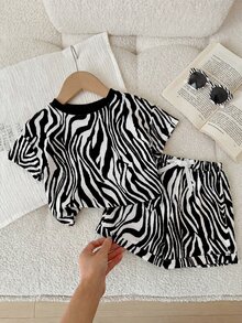 SHEIN LMoss Kids LMoss Baby Girl Casual Knitted Zebra Pattern Color Block Short Sleeve T-Shirt And Elastic Waist Shorts Set, Suitable For Summer - Black - View 1