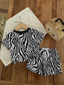 SHEIN LMoss Kids LMoss Baby Girl Casual Knitted Zebra Pattern Color Block Short Sleeve T-Shirt And Elastic Waist Shorts Set, Suitable For Summer - Black - View 6