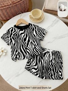 SHEIN LMoss Kids LMoss Baby Girl Casual Knitted Zebra Pattern Color Block Short Sleeve T-Shirt And Elastic Waist Shorts Set, Suitable For Summer - Black - View 5