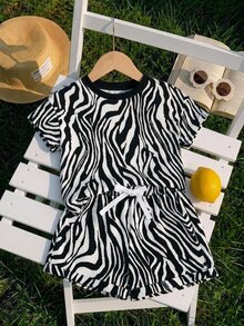 SHEIN LMoss Kids LMoss Baby Girl Casual Knitted Zebra Pattern Color Block Short Sleeve T-Shirt And Elastic Waist Shorts Set, Suitable For Summer - Black - View 7