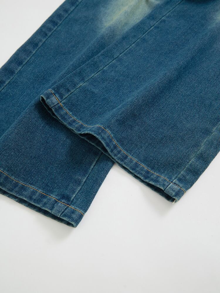 SHEIN Teen Girls Vintage Sand Wash Wide Leg Jeans, Asymmetrical Cross Waistband Elastic Back Baggy Denim Pants Retro Aesthetic Autumn Winter - Dark Wash - View 8