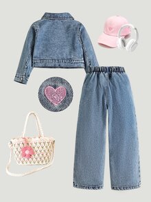 SHEIN 2pcs/Set Girls Casual Fashion Denim Outfit, Heart Embroidery Long Sleeve Button-Up Jacket And Wide Leg Pants, Suitable For Autumn/Winter Daily Wear And Various Outfits - Medium Wash - View 2