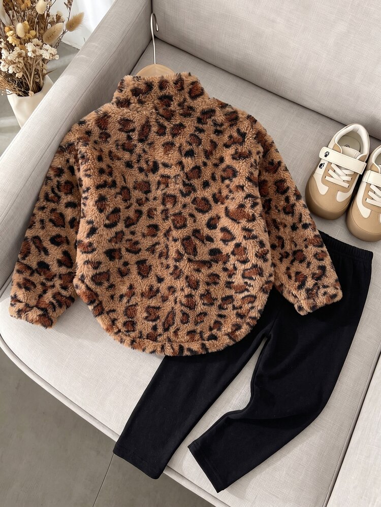 2pcs/Set Girls Toddler Outfit, Casual Style, Leopard Print With Woven Label Decor, Half-Zip Stand Collar Long Sleeve Fleece Top, Paired With Simple Solid Color Long Pants, Fashionable Set, Suitable For Daily Wear, Casual Outings, Winter Season - Multicolor - View 2