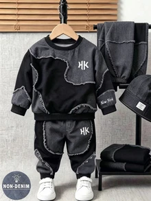 Baby Boys HK Letter Graphic Patchwork Raw Hem Crewneck Sweatshirt And Non-Denim Pants Set - Multicolor - View 1