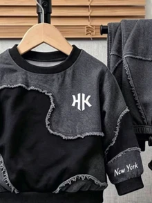 Baby Boys HK Letter Graphic Patchwork Raw Hem Crewneck Sweatshirt And Non-Denim Pants Set - Multicolor - View 4