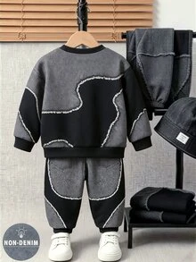 Baby Boys HK Letter Graphic Patchwork Raw Hem Crewneck Sweatshirt And Non-Denim Pants Set - Multicolor - View 2