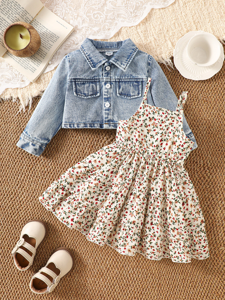SHEIN Playful Pals 2pcs Toddler Girl Denim Jacket Dress Cute Sweet Blue Beige Floral Print Ruffle Long Sleeve Lapel Collar Regular Back To School Fall Baby Blue Outfits - Blue - View 6