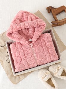 SHEIN 1件女嬰連身連帽衣，可愛甜美粉色愛心壓紋 3D 熊耳朵毛絨長袖加厚連帽連身衣，前開拉鍊，適合聖誕冬季秋季假期 - 粉色 - 查看 11