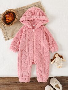SHEIN 1件女嬰連身連帽衣，可愛甜美粉色愛心壓紋 3D 熊耳朵毛絨長袖加厚連帽連身衣，前開拉鍊，適合聖誕冬季秋季假期 - 粉色 - 查看 2
