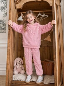 SHEIN Tween Girl (Big) Fashionable Minimalist Casual Comfortable Bowknot Graphic Long Sleeve Sweatshirt & Pants 2 Pieces Set, Suitable For Outdoor Wear, Autumn/Winter - Pink - View 3