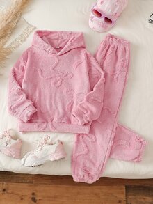 SHEIN Tween Girl (Big) Fashionable Minimalist Casual Comfortable Bowknot Graphic Long Sleeve Sweatshirt & Pants 2 Pieces Set, Suitable For Outdoor Wear, Autumn/Winter - Pink - View 4