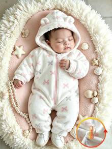 SHEIN Baby Girl Autumn/Winter Bow Print Flannel Hooded Romper, Cute Casual Daily Wear, Suitable For Autumn/Winter - White - View 3