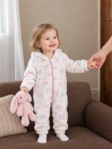 SHEIN Baby Girl Autumn/Winter Bow Print Flannel Hooded Romper, Cute Casual Daily Wear, Suitable For Autumn/Winter - White - View 4