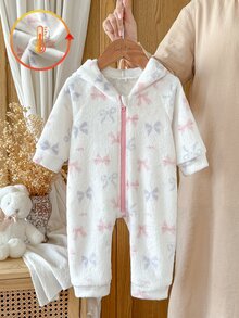 SHEIN Baby Girl Autumn/Winter Bow Print Flannel Hooded Romper, Cute Casual Daily Wear, Suitable For Autumn/Winter - White - View 5