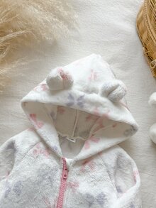 SHEIN Baby Girl Autumn/Winter Bow Print Flannel Hooded Romper, Cute Casual Daily Wear, Suitable For Autumn/Winter - White - View 6