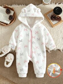 SHEIN Baby Girl Autumn/Winter Bow Print Flannel Hooded Romper, Cute Casual Daily Wear, Suitable For Autumn/Winter - White - View 1