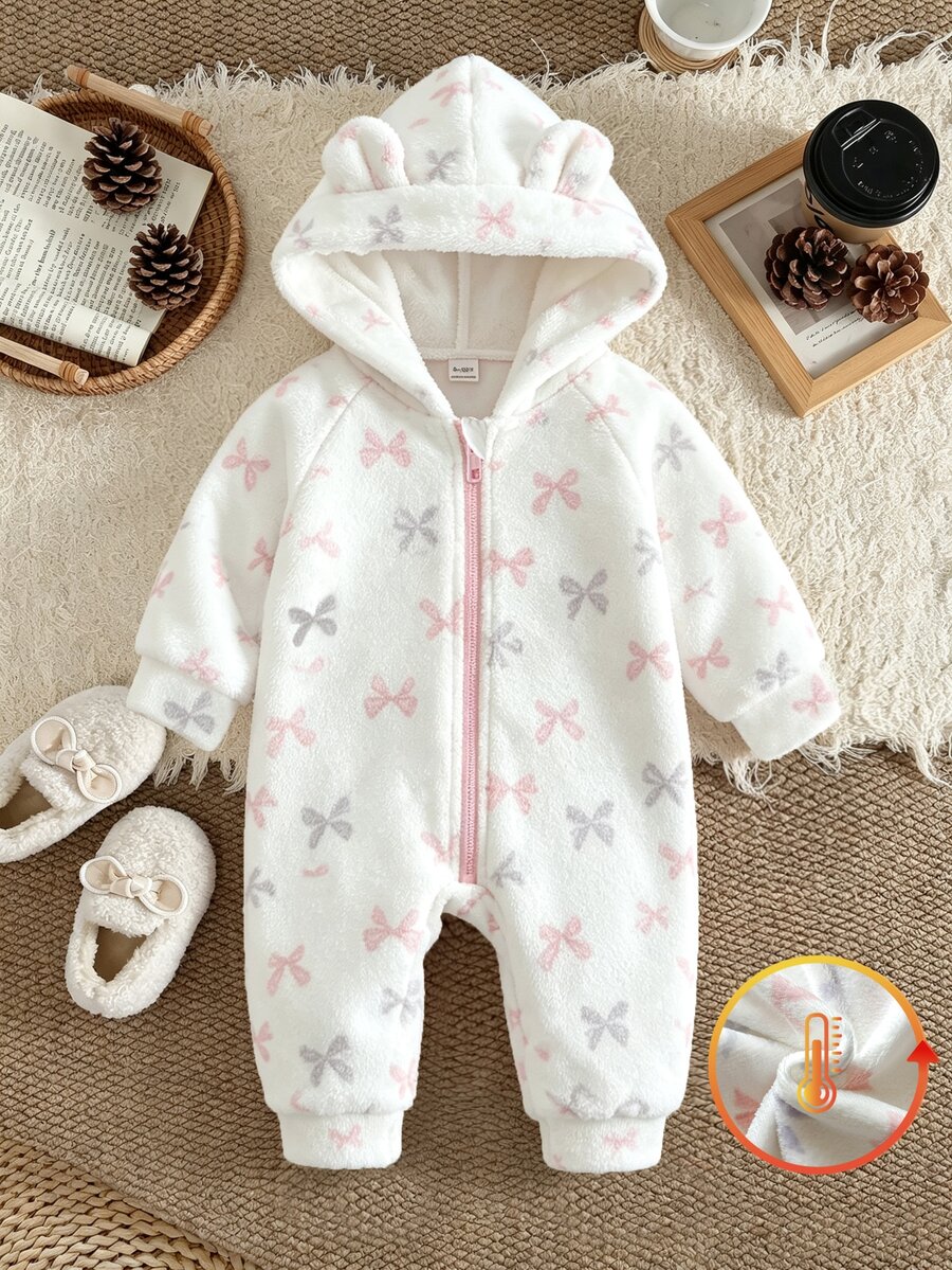 SHEIN Baby Girl Autumn/Winter Bow Print Flannel Hooded Romper, Cute Casual Daily Wear, Suitable For Autumn/Winter - White - View 1
