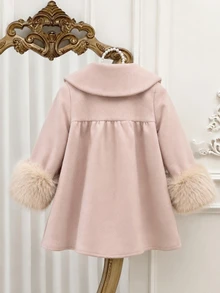SHEIN Mantel Anak Perempuan Warna Pink dengan Pita, Kerah Peter Pan dan Manset Berbulu, Mantel Musim Dingin Panjang Sedang, Musim Gugur/Musim Dingin - Dusty Pink - View 2