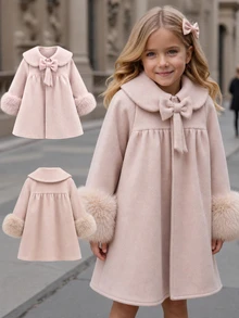SHEIN Mantel Anak Perempuan Warna Pink dengan Pita, Kerah Peter Pan dan Manset Berbulu, Mantel Musim Dingin Panjang Sedang, Musim Gugur/Musim Dingin - Dusty Pink - View 3