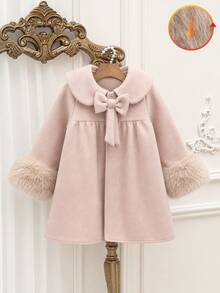 SHEIN Mantel Anak Perempuan Warna Pink dengan Pita, Kerah Peter Pan dan Manset Berbulu, Mantel Musim Dingin Panjang Sedang, Musim Gugur/Musim Dingin - Dusty Pink - View 4