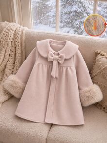 SHEIN Mantel Anak Perempuan Warna Pink dengan Pita, Kerah Peter Pan dan Manset Berbulu, Mantel Musim Dingin Panjang Sedang, Musim Gugur/Musim Dingin - Dusty Pink - View 1