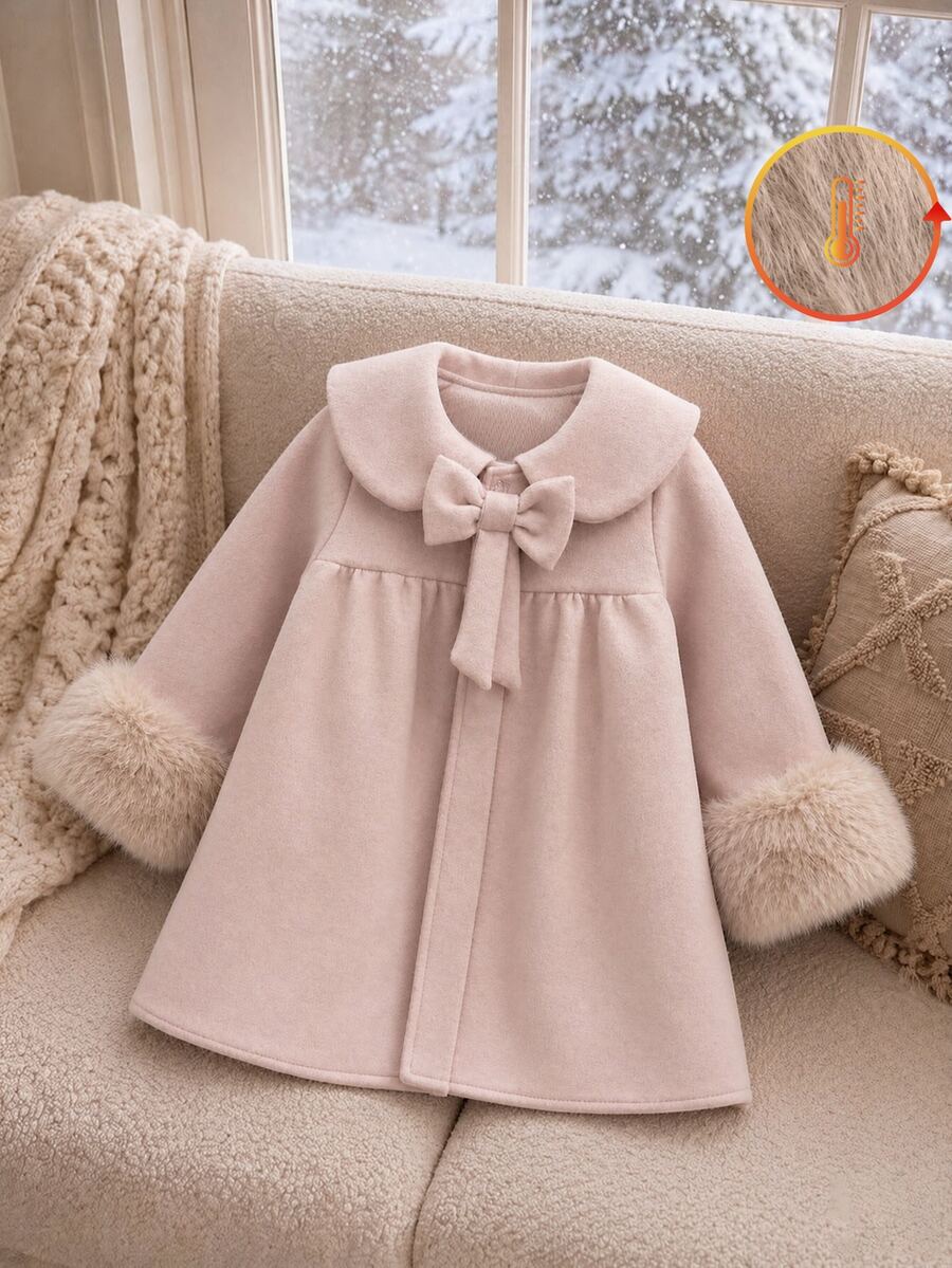 SHEIN Mantel Anak Perempuan Warna Pink dengan Pita, Kerah Peter Pan dan Manset Berbulu, Mantel Musim Dingin Panjang Sedang, Musim Gugur/Musim Dingin - Dusty Pink - View 1