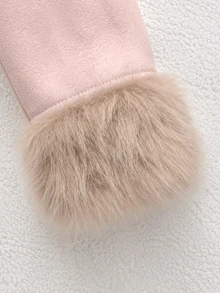 SHEIN Mantel Anak Perempuan Warna Pink dengan Pita, Kerah Peter Pan dan Manset Berbulu, Mantel Musim Dingin Panjang Sedang, Musim Gugur/Musim Dingin - Dusty Pink - View 6