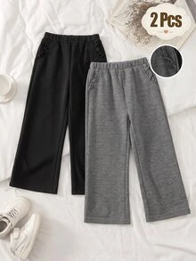 SHEIN Elladie kids 2pcs Solid Color Pocket Ruffle Knit Long Pants, Casual Autumn/Winter Trousers - Multicolor - View 6