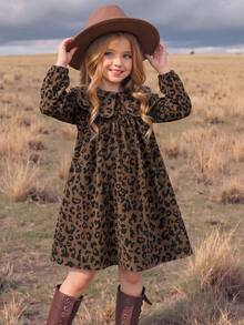 SHEIN Elladie kids 女童豹紋棕色翻領洋裝，Y2K仙女公主風，秋季豹紋印花，感恩節，7歲生日 1歲生日 - 咖啡 - 查看 8