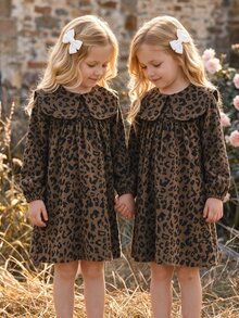 SHEIN Elladie kids 女童豹紋棕色翻領洋裝，Y2K仙女公主風，秋季豹紋印花，感恩節，7歲生日 1歲生日 - 咖啡 - 查看 4