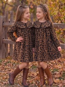 SHEIN Elladie kids 女童豹紋棕色翻領洋裝，Y2K仙女公主風，秋季豹紋印花，感恩節，7歲生日 1歲生日 - 咖啡 - 查看 2
