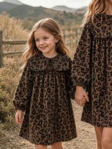 SHEIN Elladie kids 女童豹紋棕色翻領洋裝，Y2K仙女公主風，秋季豹紋印花，感恩節，7歲生日 1歲生日 - 咖啡 - 查看 6