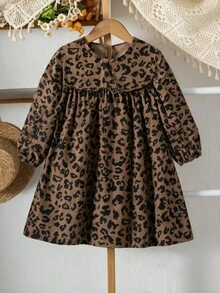 SHEIN Elladie kids 女童豹紋棕色翻領洋裝，Y2K仙女公主風，秋季豹紋印花，感恩節，7歲生日 1歲生日 - 咖啡 - 查看 5