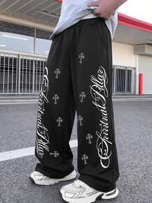 Teen Boys High Street Loose Wide Leg Knit Pants Black Double Waist Sweatpants Retro Patch Graphic Print Trousers For Fall Style Outfits Wear,Autumn - Black - View 3
