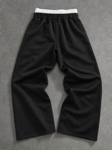 Teen Boys High Street Loose Wide Leg Knit Pants Black Double Waist Sweatpants Retro Patch Graphic Print Trousers For Fall Style Outfits Wear,Autumn - Black - View 2