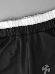 Teen Boys High Street Loose Wide Leg Knit Pants Black Double Waist Sweatpants Retro Patch Graphic Print Trousers For Fall Style Outfits Wear,Autumn - Black - View 6