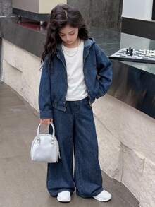 Dazy Kids Tween Girl Zip-Up Hoodie And Long Pants Casual Daily Denim Set - Dark Wash - View 3